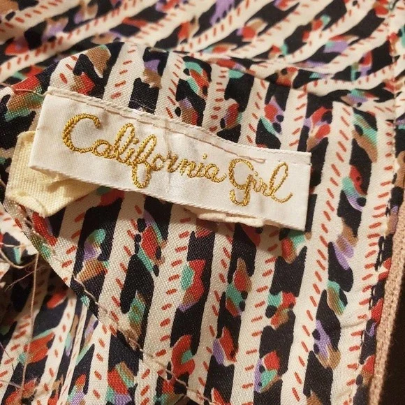 Vintage California Girl Bow Geometric Stripe Belted Midi Dress Tan Black - Picture 7 of 8